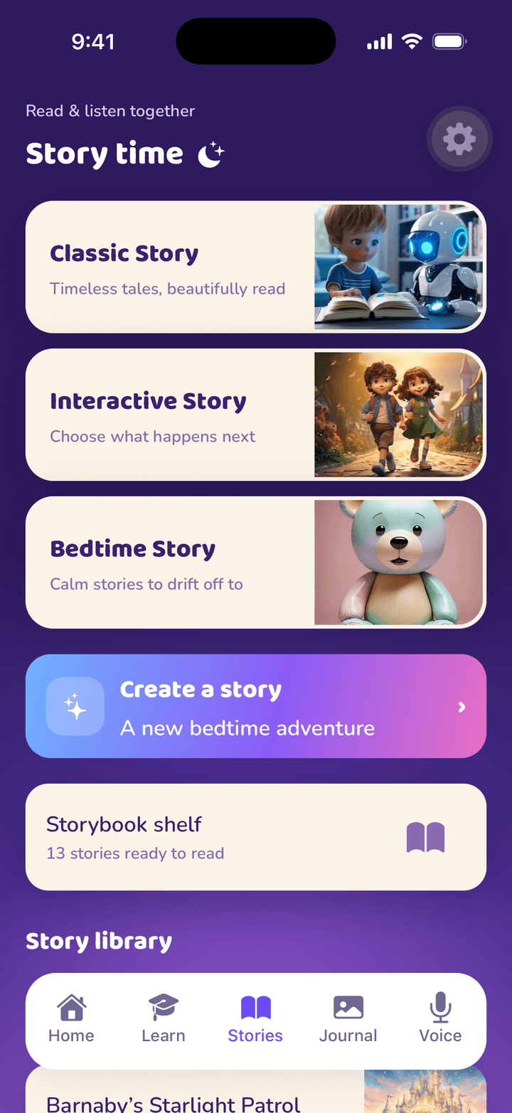 The Knoo story library on iPhone, showing Classic Story, Interactive Story and Bedtime Story, each with its own illustration.