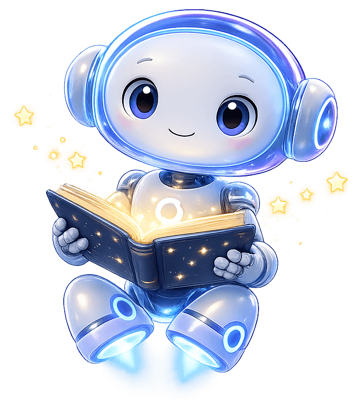 The Knoo mascot — a small round robot with headphones and wide violet eyes — sitting cross-legged and reading a glowing storybook